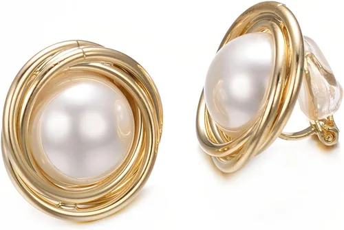 Miniatura 19 de Yoursfs Aretes de clip de perlas blancas grandes para mujer, chapados en oro de 18 quilates, hipoalergénicos, sin perforaciones, joyería brillante