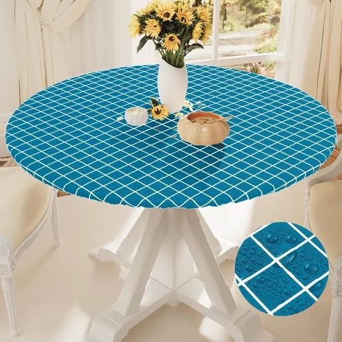 Miniatura 24 de Mantel redondo de vinilo de 36 a 44 pulgadas, mantel elástico impermeable con reverso de franela, mantel de plástico para picnic, campamento, al Café