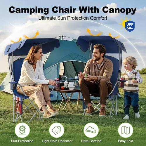 Miniatura 2 de VTOY Silla de camping portátil con dosel, silla plegable con toldo, silla Oxford 600D duradera para camping, playa, picnic, pesca y deportes 1