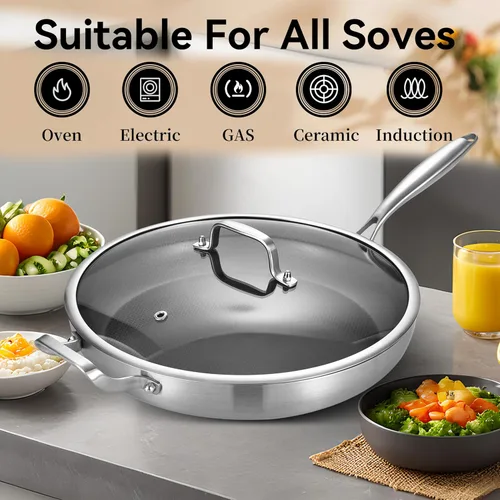 Miniatura 5 de Sartén híbrida antiadherente de 13 pulgadas con tapa, sartén de chef de inducción de acero inoxidable de tres capas con revestimiento de cerámica