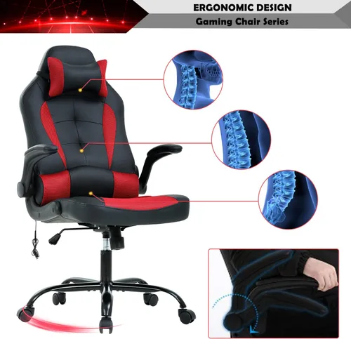 Miniatura 6 de Silla ergonómica para videojuegos, silla de escritorio de oficina con respaldo alto para computadora, con soporte lumbar, ajustable, giratoria, Rojo