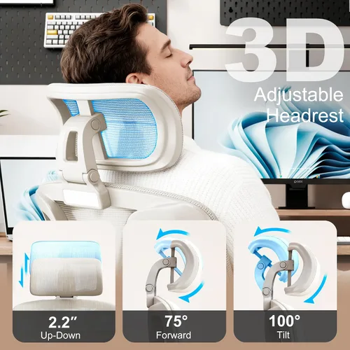Miniatura 5 de Vonesse Silla de oficina ergonómica con reposapiés, sillas de escritorio con reposacabezas y reposabrazos ajustables 3D, silla de juegos de Blanco