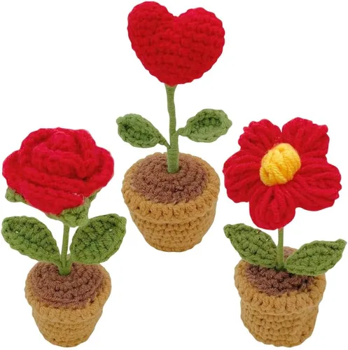 Miniatura 13 de JOONOR 3 piezas de mini tulipanes de ganchillo en maceta, flor de soplo de rosa falsa de punto para baño, hogar, cocina, mesa rústica, centro
