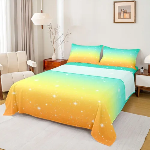 Miniatura 26 de Juego de sábana bajera ajustable de teñido anudado para niñas, juego de ropa de cama con diseño de arco iris degradado de arcoíris, lindo juego