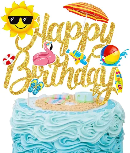 Decoración hawaiana de verano para tartas de playa, decoración de pastel de cumpleaños, decoración de pastel de cumpleaños con purpurina para Oro
