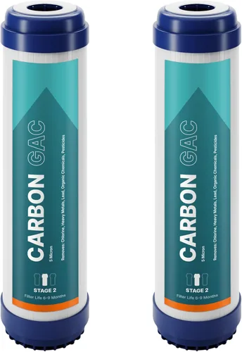 NU Aqua Cartucho de filtro de carbón activado granular de ósmosis inversa – 10 pulgadas 1 micrón universal GAC RO – 2 paquetes de filtros premium