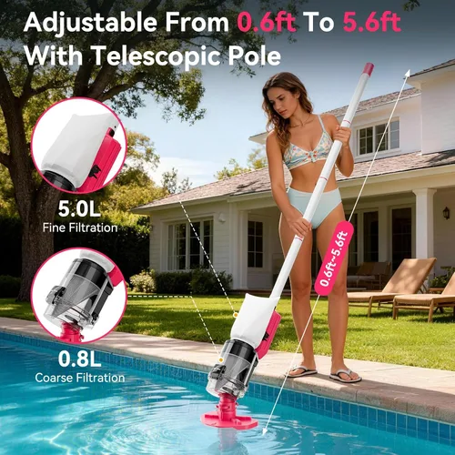 Miniatura 5 de Aspiradora de piscina inalámbrica con poste telescópico, potente succión de 30 GPM, filtración dual avanzada, batería reemplazable, tiempo