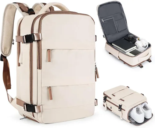 Miniatura 54 de Mochila de viaje grande, bolsa de mano, aprobada para aviones, para artículos personales, para hombre o mujer, color beige con marrón
