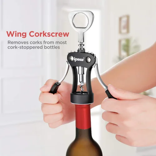 Miniatura 4 de IPOW Abridor de vino, abridor de botellas de vino de aleación de zinc, sacacorchos de ala resistente, sacacorchos multifuncional manual para Negro