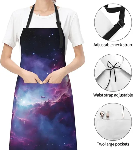 Miniatura 6 de Delantales de galaxia púrpura y azul para mujer con 2 bolsillos, delantal de cocina para hombres, resistente al agua y al aceite, delantal ajustable