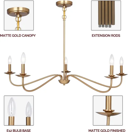 Miniatura 5 de Candelabro moderno, lámpara de 5 luces para comedor, lámpara dorada de altura ajustable, lámpara de araña de granja para comedor, entrada