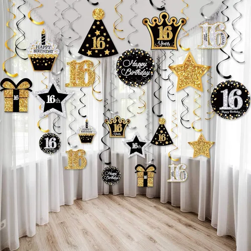 Frienda 30 piezas de decoraciones de fiesta de cumpleaños número 16, tarjetas decorativas para fiestas de cumpleaños y remolinos colgantes,