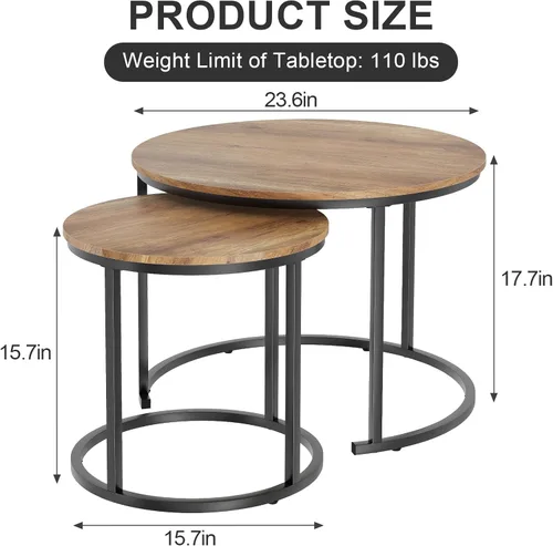 Miniatura 2 de Garden 4 you Mesa de Centro Anidable, Juego de Mesa de Centro Redonda de 23.6", Juego de 2 Mesas Anidables de Madera con Marco de Metal, Mesas