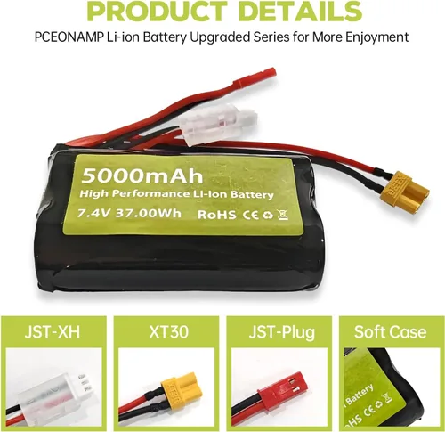 Miniatura 4 de Batería de iones de litio 2 piezas 7.4V 5000mah 2S con enchufe JST y enchufe XT30 con 1 cargador 2 en 1 para TX16S, TX18S, RC4GS, RC6GS, TX12