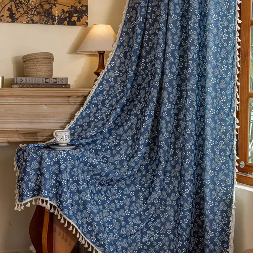 Miniatura 25 de ENJOYBRIDAL - Cortinas azules florales de 63 pulgadas, juego de 2 paneles, cortinas semi transparentes, cortinas cortas para sala de estar, bolsillo