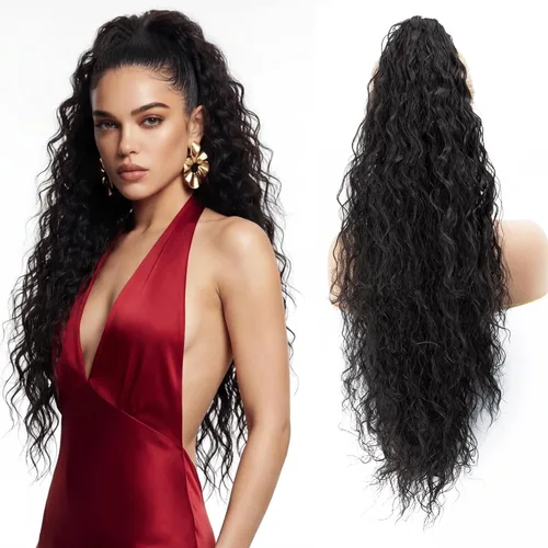 Miniatura 28 de Extensión de Cola de Caballo, Extensión de Cabello con Garra Larga de 20", Piezas de Cabello Sintético Ondulado Liso con Clip en Peluca de Cola