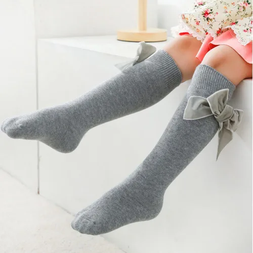 Miniatura 4 de Calcetines altos hasta la rodilla para bebés niñas, con lazo de punto y moño, calcetines de tubo con volantes para 0-7 años