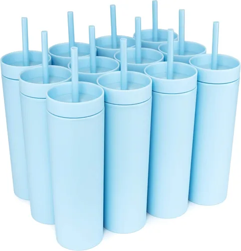 Miniatura 12 de STRATA CUPS Vasos delgados multicolor con tapas y popotes (paquete de 12) - Vaso acrílico de doble pared de 16 onzas, vasos delgados mate altos, a