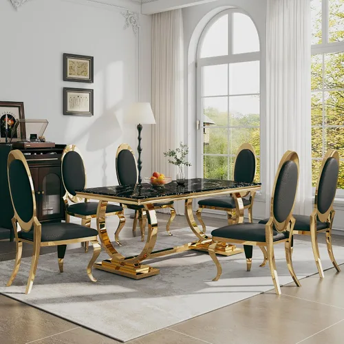 Miniatura 28 de Juego de mesa de comedor de 7 piezas, mesa de cocina de lujo de mármol sintético blanco de 70 pulgadas y 6 sillas copetudas de terciopelo beige