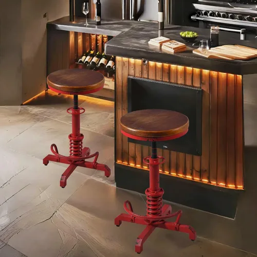 Miniatura 8 de Topower Industrial Retro Vintage Farm Asiento de madera Tractor Taburete Cocina Giratorio Altura Ajustable Taburete de bar Rojo Antiguo