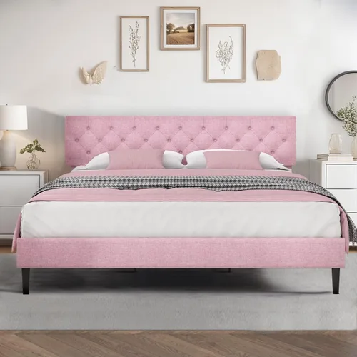 Miniatura 30 de HOMBCK Marco de Cama Queen con Cabecera Capitoné con Botones, Marco de Cama de Plataforma Tapizada Azul, Tela Suave/Soporte de Listones de Madera/No