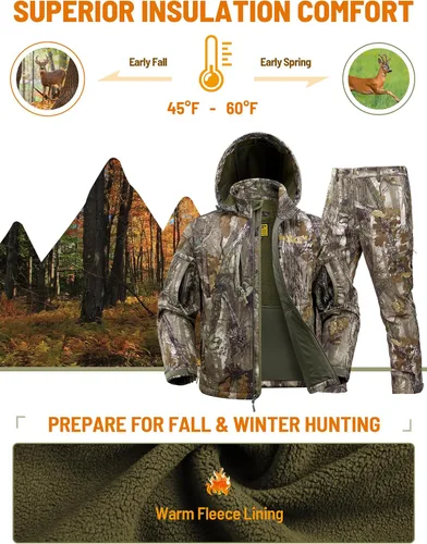 Miniatura 6 de NEW VIEW Ropa de caza de camuflaje para hombres, forro polar cálido y silencioso, chaqueta y pantalones de caza de ciervos para clima frío