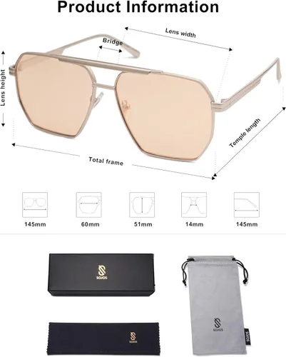 Miniatura 5 de SOJOS Gafas de sol polarizadas cuadradas de gran tamaño retro para mujeres y hombres, tonos vintage, UV400, lentes de sol clásicos grandes de metal