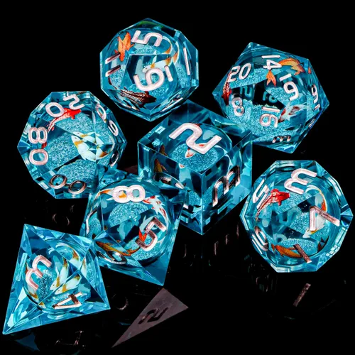 Miniatura 6 de ARUOHHA Juego de dados DND de núcleo líquido, 7 piezas de dados de resina azul afilados compatibles con juegos de rol D&D, juego de dados