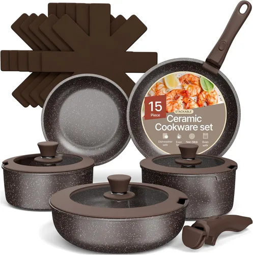 Juego de batería de cocina Bakken- Swiss - Revestimiento de granito antiadherente, ollas y sartenes con asas y tapas de vidrio templado, libre de
