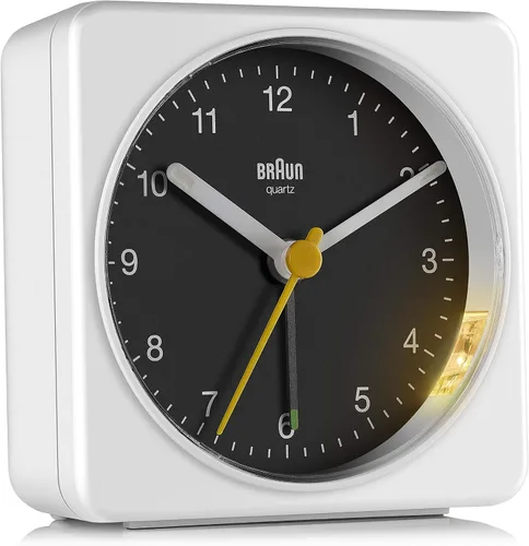 Miniatura 13 de Braun Reloj despertador analógico clásico con repetición y luz, movimiento de barrido de cuarzo silencioso, alarma de pitido Crescendo en blanco