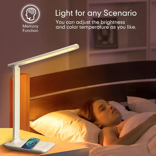Miniatura 4 de Lámpara de escritorio LED White Crown con cargador inalámbrico de 15W y puerto USB, lámpara de mesa regulable con 5 modos de iluminación, control