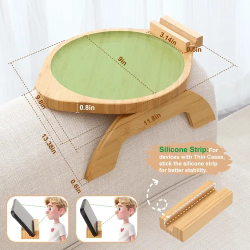 Miniatura 5 de SINWANT Mesa de brazo para sofá, bandeja redonda de bambú con clip para sofá con soporte para teléfono de 360°, mesa plegable para reposabrazos