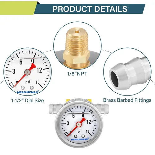 Miniatura 5 de MEASUREMAN - Manómetro, 0 a 15 psi, relleno glicerina, esfera 1.5 pulgadas, caja acero inoxidable 304, montaje central posterior 1/8 NPT, adaptador