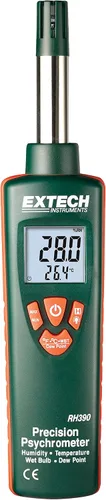 Extech Psicrómetro de precisión RH390 con humedad, temperatura, punto de rocío y bombilla húmeda, medidor digital de sonda dual con alta precisión,