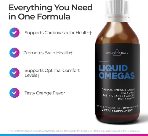 Miniatura 4 de Livingood Daily Aceite de pescado líquido Omega 3, suplemento EPA y DHA con sabor a fruta de monje y naranja, apoya la salud del corazón