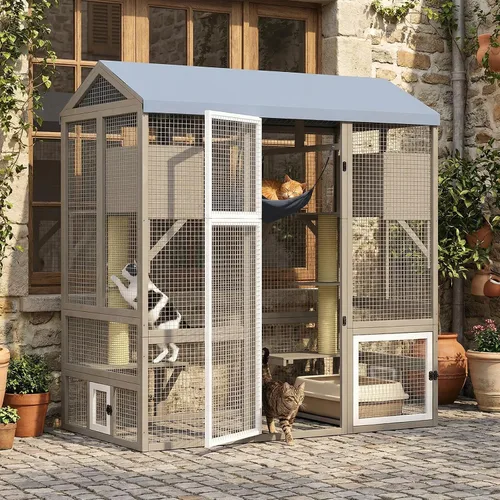 Miniatura 12 de Catio - Caja para gatos para exteriores con ruedas y techo resistente a la intemperie, ventana grande de 63 pulgadas con 3 plataformas, cúpula
