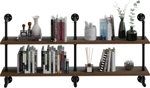 Miniatura 9 de Estantes de pared de tubería industrial con tablón de madera real, estantes flotantes de 48 pulgadas para pared, estantería de libros estilo granja