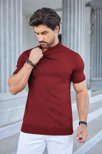 Miniatura 3 de COOFANDY Suéter de cuello alto falso para hombre, de manga corta, color sólido, básico, ajustado, de punto