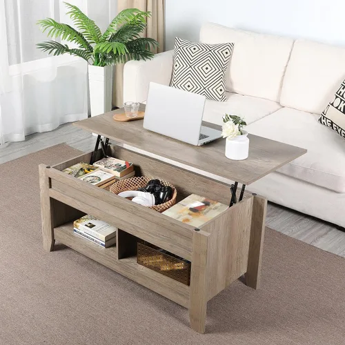 Miniatura 2 de Yaheetech Mesa auxiliar moderna con parte superior elevable con compartimento de almacenamiento oculto y 2 estantes abiertos, mesa de centro
