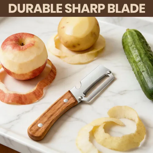 Miniatura 3 de Pelador de verduras premium con mango de madera y abridor de botellas: herramienta de cocina de acero inoxidable 2 en 1 para frutas, manzana