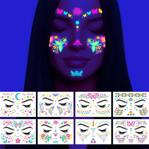 Miniatura 3 de Tatuajes temporales que brillan en la oscuridad, tatuajes temporales falsos para la cara, maquillaje UV, neón, mariposa, floral, tatuajes