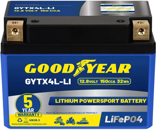 Goodyear GYTX4L-LI LiFePO4 LiFePO4 12.8V 150CCA Batería recargable de alto rendimiento Powersport con reemplazo inteligente BMS para motocicleta,