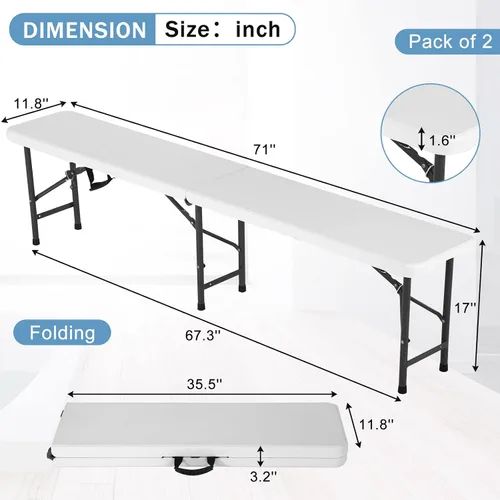 Miniatura 2 de Bancos plegables de plástico de 6 pies, paquete de 2, banco portátil para exteriores con asa y cerradura para picnic, camping, comedor, fútbol