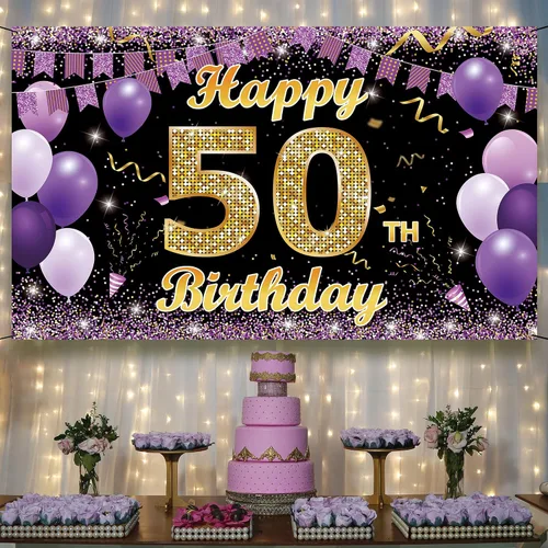 Miniatura 5 de Cartel de fondo de decoración de cumpleaños 50, decoraciones de feliz cumpleaños 50 para ella, decoración de fondo de fotos de fiesta de cumpleaños