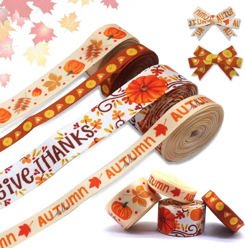 Miniatura 7 de Estivaux 6 cintas de otoño de Acción de Gracias, 3/8 pulgadas de ancho, calabaza, naranja, satinado, palabras metálicas, hojas de arce, cintas