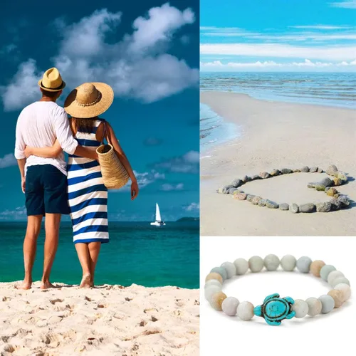 Miniatura 8 de Pulseras de tortuga marina oceánica, joyería de playa para mujeres y hombres, 0.315 pulgadas (0.315 in) de piedra natural, pulsera elástica