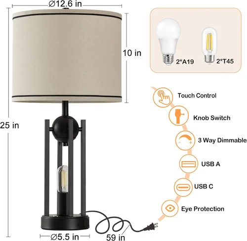Miniatura 8 de Lámparas de mesa industriales de 25 pulgadas para sala de estar, 1 unidad con puertos USB C+A, lámpara de noche rústica de granja para dormitorio