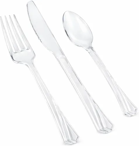 Miniatura 4 de Hanna K. Signature - Juego de cubiertos de plástico transparente de 240 unidades, pesado, elegante, desechables, 80 tenedores, 80 cucharas, 80
