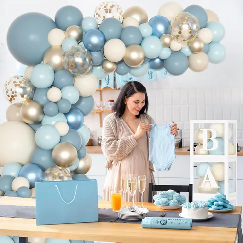 Miniatura 6 de 153 piezas de decoración de baby shower azul polvoriento para niño, kit de arco de globos azules con letra (A-Z+Bebé) para suministros de fiesta