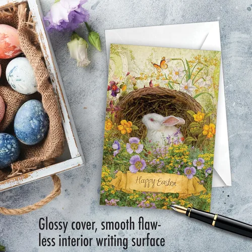 Miniatura 3 de NobleWorks Tarjeta de felicitación de Pascua con sobre de 5 x 7 pulgadas (1 tarjeta) Bunny Flowers C10963EAG